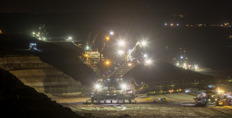 bucket-wheel excavators at night in open-cast coal mining hambac