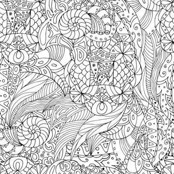 Seamless black and white pattern in a zentangle style, handmade