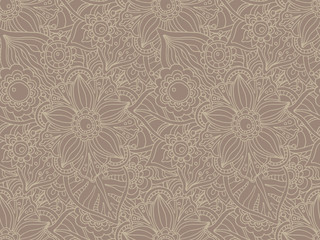 Seamless vector pattern with Doodle flowers and leaves.