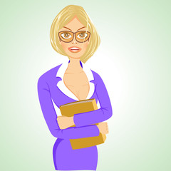 business woman with glasses standing with folder