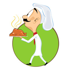 cartoon chef carrying tray with chicken