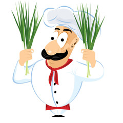 chef holding green onion