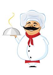 chef with mustache holding silver serving dome