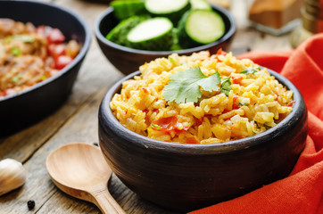 saffron rice with vegetables and cilantro
