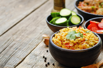 saffron rice with vegetables and cilantro