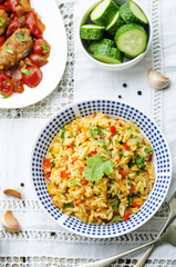 saffron rice with vegetables and cilantro