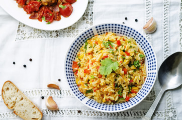 saffron rice with vegetables and cilantro