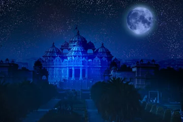 Gordijnen India. Delhi. Akshardham by the light of  full Moon.  © Konstantin Kulikov