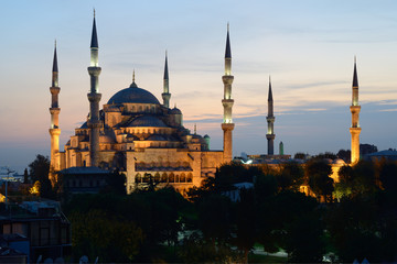 Fototapeta na wymiar Istanbul. Illuminated Blue Mosque at twilight