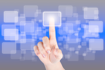Hand pressing button with technology background