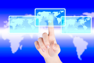 Hand pushing and touch world map button with technology backgrou