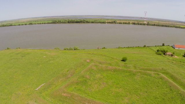 Uncovered ruins of a roman castrum along the Danube, aerial.