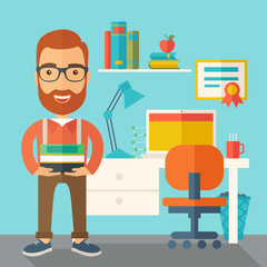 Student or lecturer carrying a stack of books.