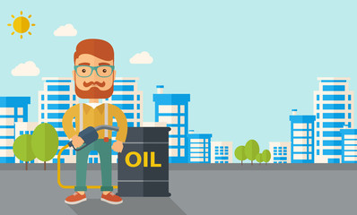 Businessman with oil can and pump.