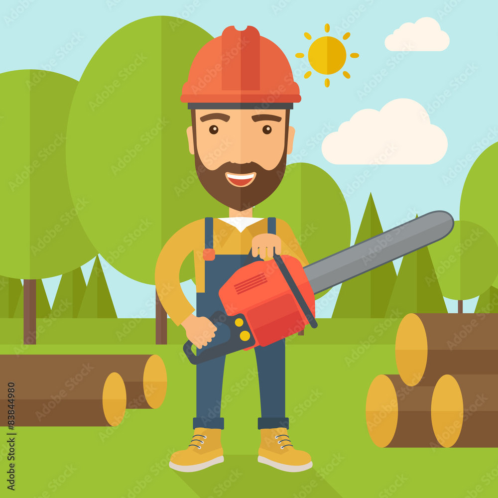 Wall mural lumberjack cuts a tree by chainsaw