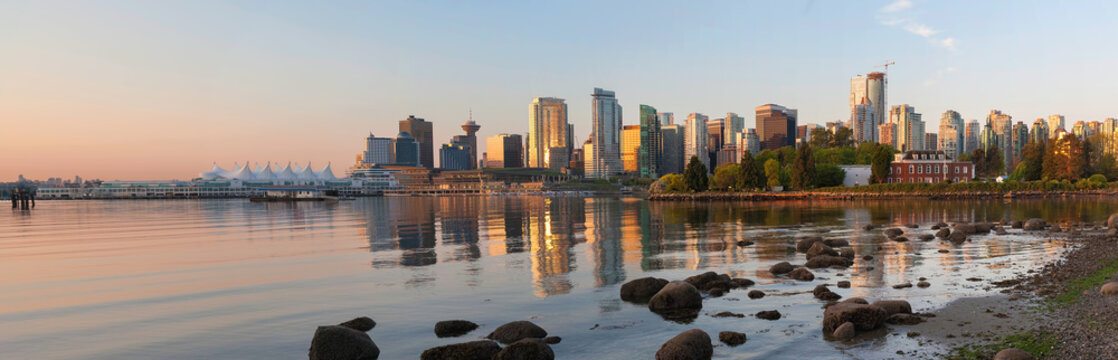 Vancouver BC Skyline from Stanley Park at Sunrise Panorama