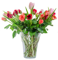Red Roses flowers with pink tulips, transparent vase.