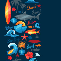 Seamless pattern with surfing design elements and objects