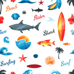 Seamless pattern with surfing design elements and objects