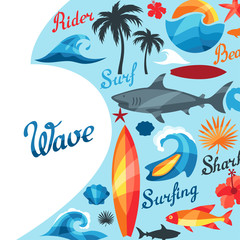 Background with surfing design elements and objects