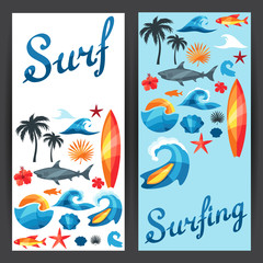 Fototapeta na wymiar Banners with surfing design elements and objects