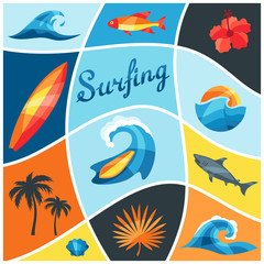 Fototapeta na wymiar Background with surfing design elements and objects