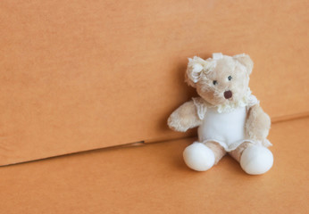 Bear doll with cardboard paper box background