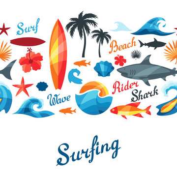 Seamless pattern with surfing design elements and objects