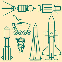 Linear set of icons relating to space exploration. 