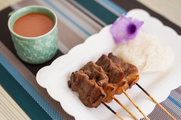 Grilled Pork, Pork Steak, Barbecue Pork With Rice And Hot Milk T