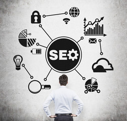manager thinking about 'SEO' optimisation process