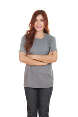 woman with arms crossed, wearing t-shirt