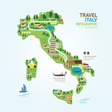 Infographic travel and landmark italy map shape template design.
