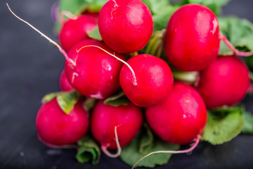 Bunch of radishes on a black background