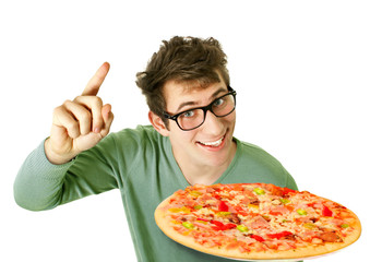 Happy young man with pizza