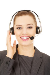 Cheerful support phone operator in headset.