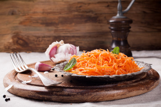 Spicy Korean Style Carrot Salad On Metal Plate 