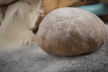 Fototapeta na wymiar Wholegrain dough for homemade bread, food baking background
