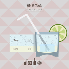 gin and tonic cocktail flat style  illustration with icons of re - obrazy, fototapety, plakaty