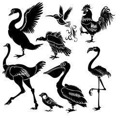 Set of black birds silhouette