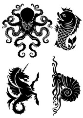 Set of black silhouette on sea heraldry element © milkal