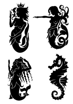 Set of black silhouette on mermaid and sea horse