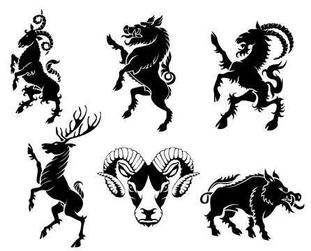 Set of black silhouette on horned animal