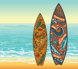 Surfboards on a beach. Summer holiday.