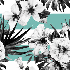 Watercolor hibiscus patterns © zenina
