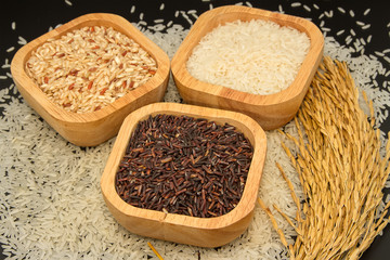 Assortment of rice in wooden bowl with paddy rice