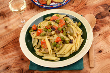 Penne with broad beans and peas