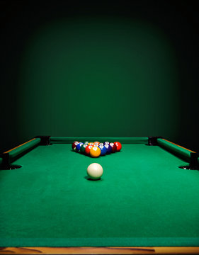 The game of billiards on a table with green cloth