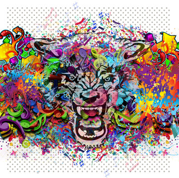 Fototapeta Angry wolf head on abstract background 