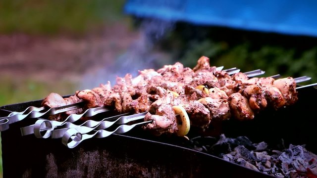 Летний пикник на природе. Приготовление аппетитного шашлыка на углях в мангале